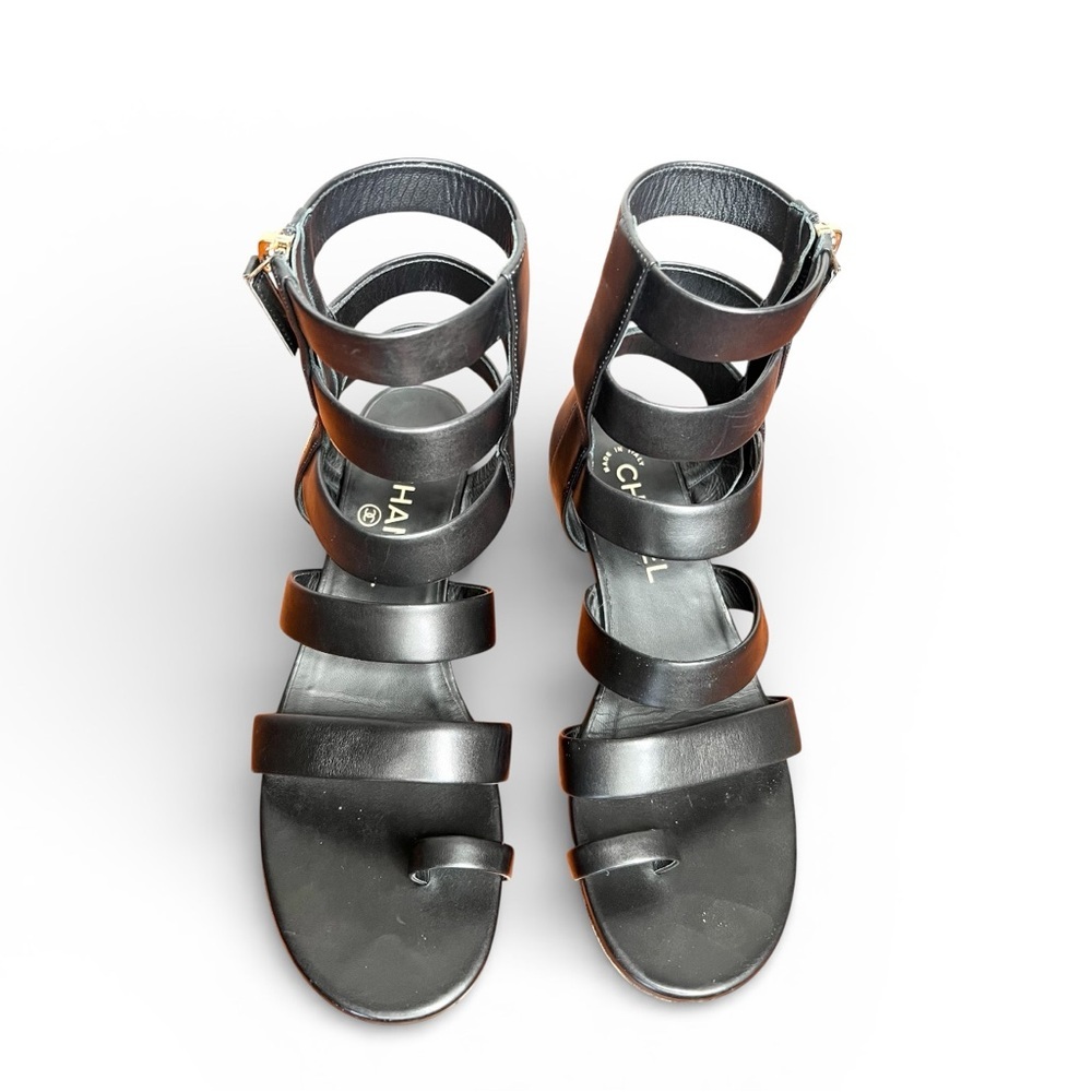 Chanel 2018 Black Leather Gladiator Multi Strap Block Heel Sandals Size 38 - Picture 2 of 9